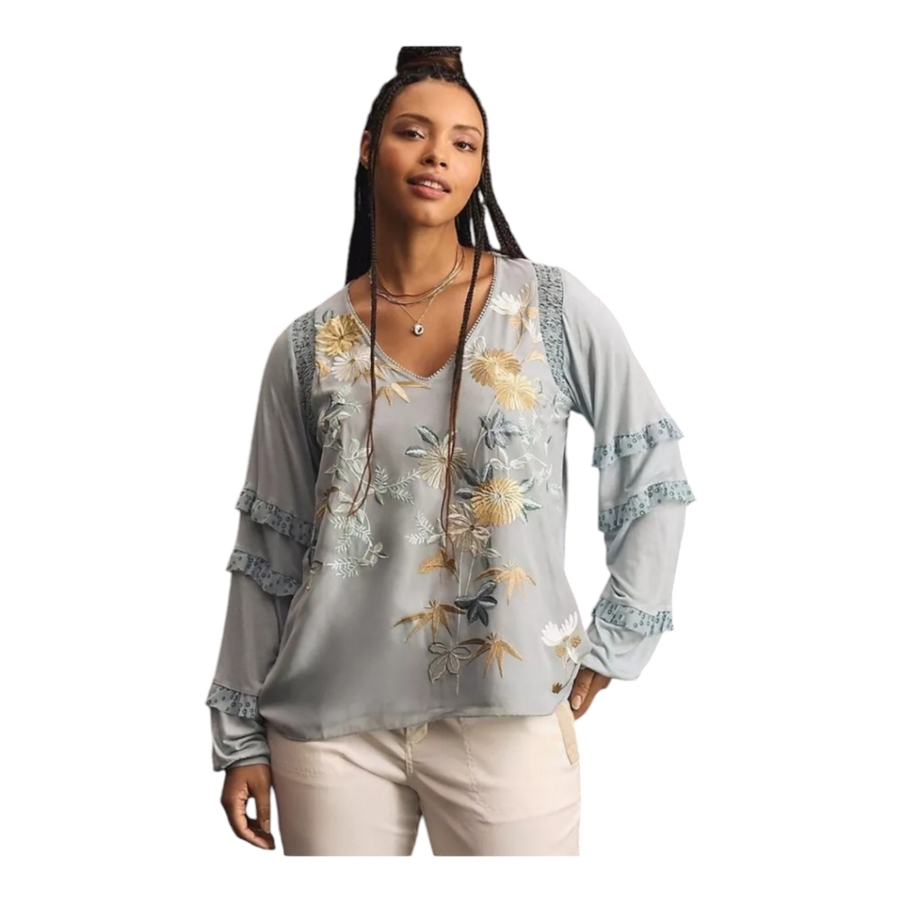 Anthropologie Tiny‎ Frances Long Sleeve Ruffled Top Blue Motif NEW
